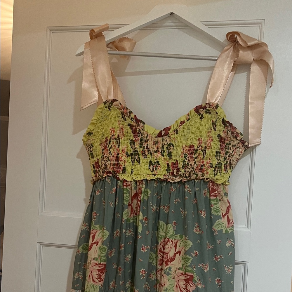 Free People Floral Maxi Dress - Yellow and Green with Pink Accents